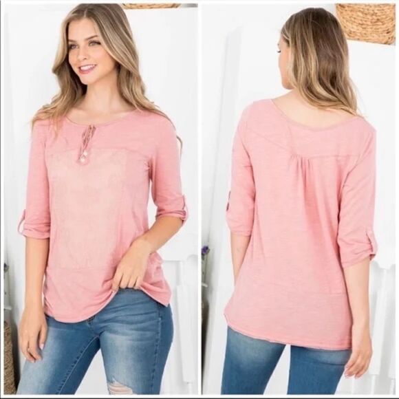 Pink Floral Embroidery Slub Style Top - Picture 3 of 3